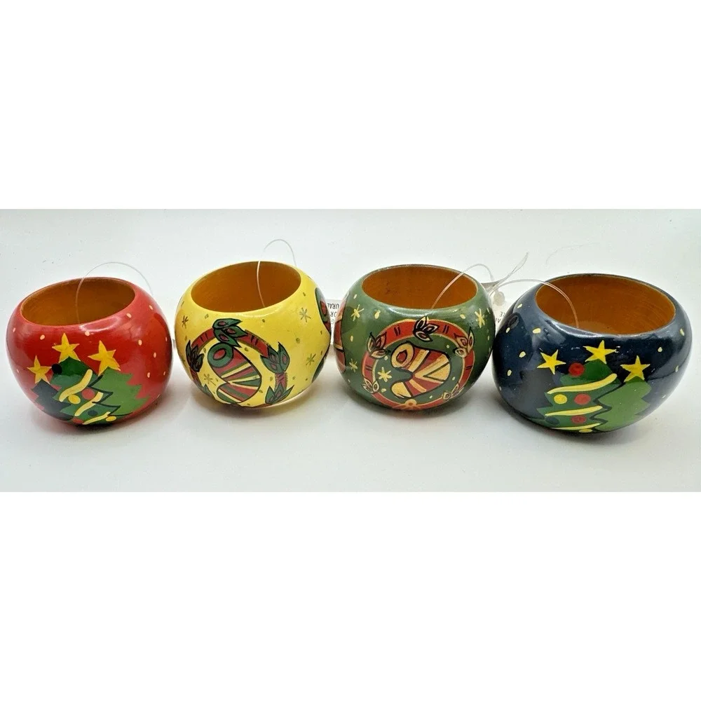 Christmas Napkin Rings Set 4 Lillian Vernon Wood Tree & Stocking Hand Painted
